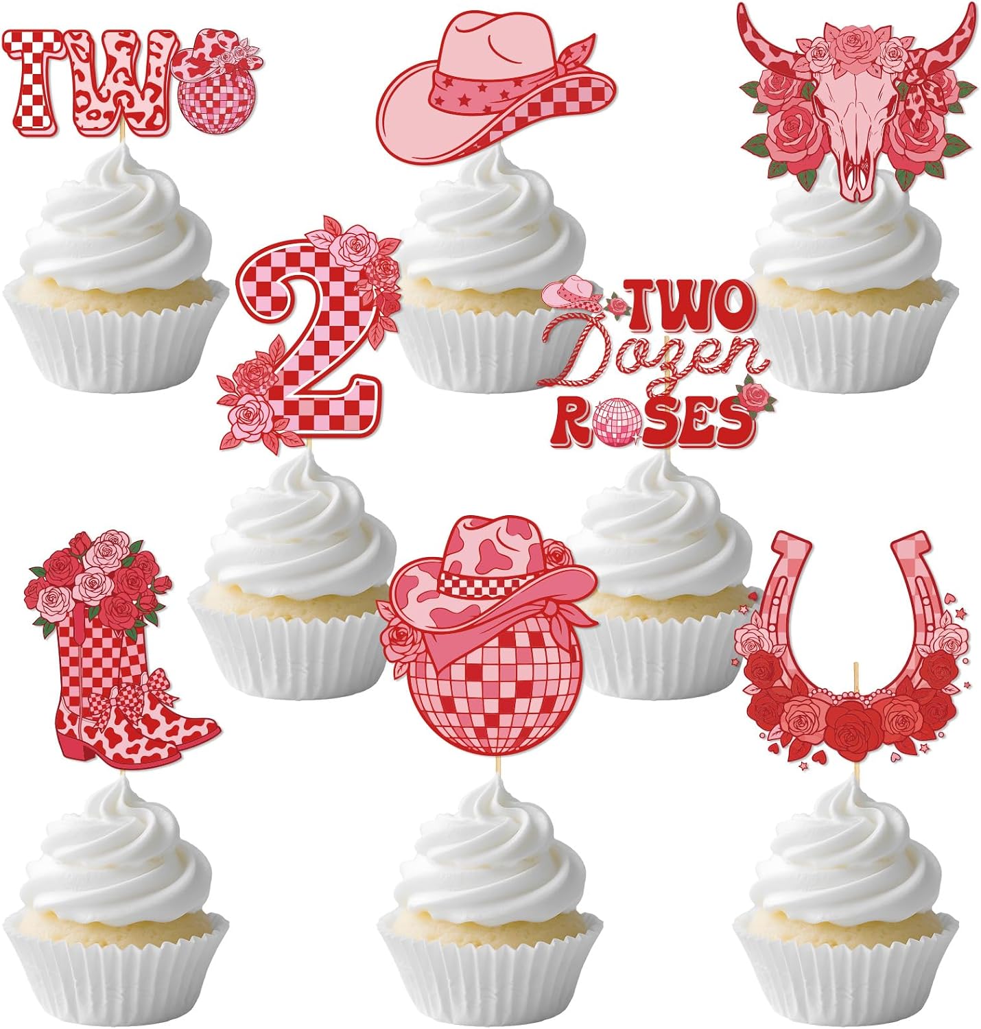 Two Dozen Roses 2nd Birthday Theme Decorations, 40PCS 2nd Birthday Cupcake Toppers Party Decorations for Girl, Pink Floral Western Cupcake Picks Table Decor Supplies