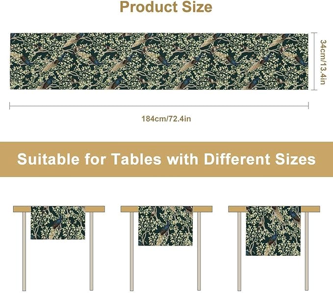 Peacock Table Runner,Retro Floral Plants Peacock Table Runner for Home Kitchen Dining Party Indoor Outdoor Decoration 13x60 Inch