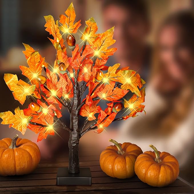 18 Inch Fall Lighted Maple Tree with 36 LEDs, 6 Acorns, Timer Battery Operated Tabletop Artificial Tree for Autumn Thanksgiving Halloween Christmas Harvest Indoor Decorations