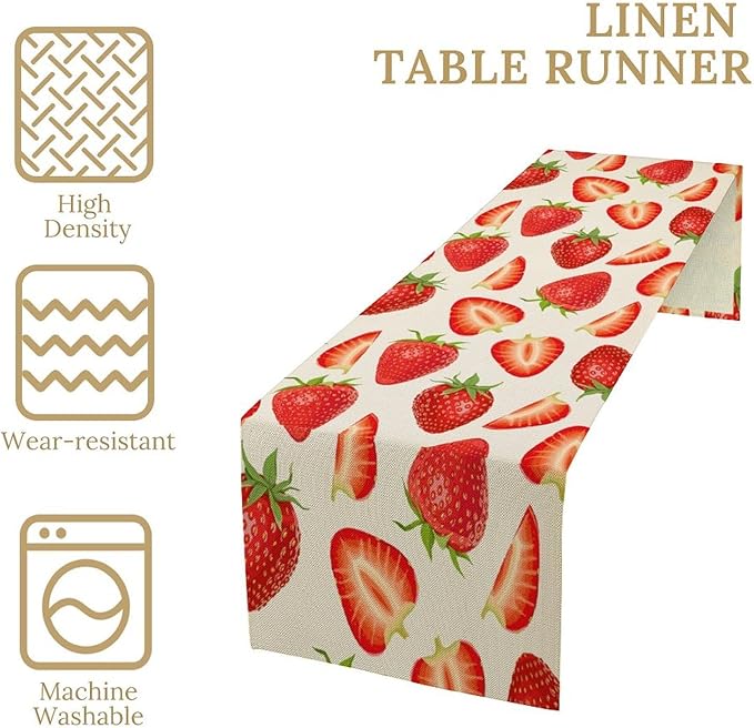 Strawberry Table Runner Spring Summer Wild Berry Fruit Theme Dinner Runner for Girl Baby Shower Party Holiday Home Kitchen Dining Table Decor 13x120