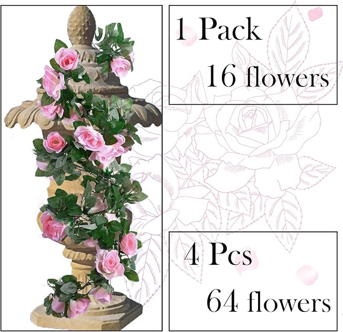 4 Pack Artificial Rose Vine Garland Fake Roses Flowers Plants Vines Hanging Floral Leaves Decoration for Wedding Party Table Garden Arch Wall Home Room Decor(Pink)