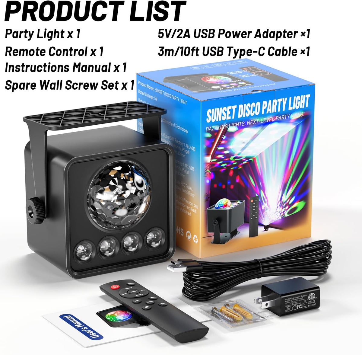 Disco Ball Party Lights Disco Light Sunset Lamp Projector with RGB+UV+White+Y...