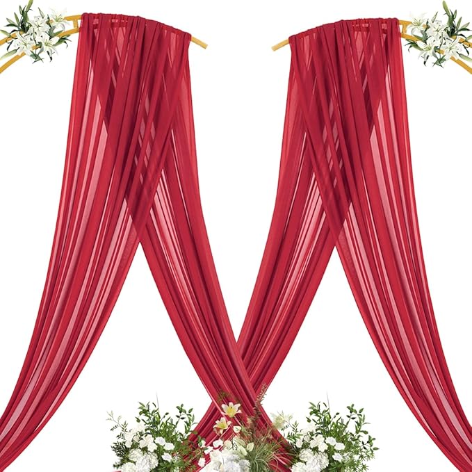MLMC Red Wedding Arch Draping Fabric 2 Panels 29" x 20 FT Extra Long Gauze Drapes Sheer Backdrop Curtains 6.6 Yards Outdoor Drapery Panels for Wedding Baby Shower Party Ceiling Decoration