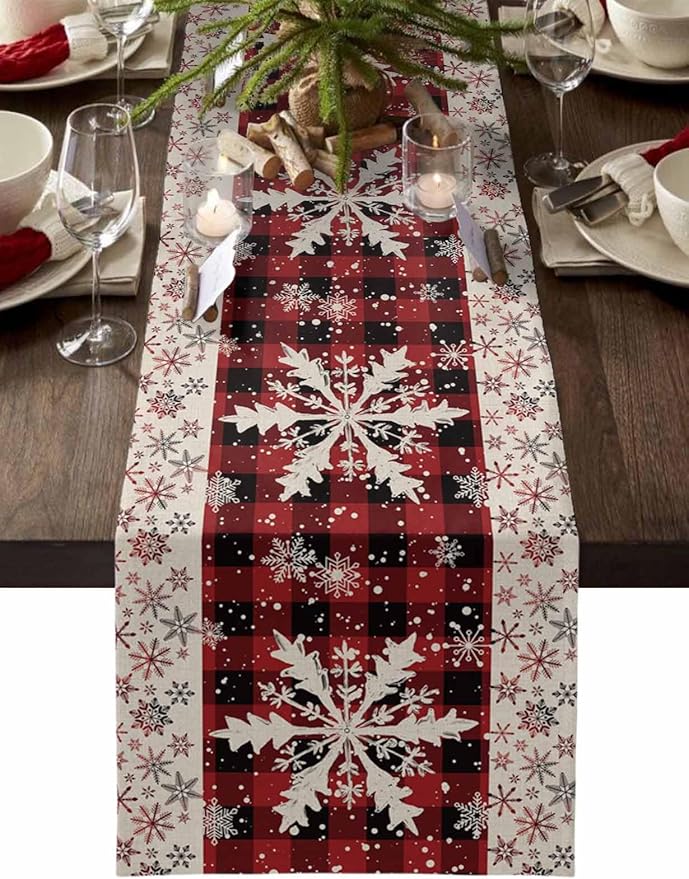 Buffalo Plaid Christmas Cotton Linen Table Runner for Dining Kitchen, Snowflake Red Black Check Wedding Outdoor Party Tablerunner Decoration, Retro Dresser Scarf Coffee Tablecloth Runners 13x48 Inches