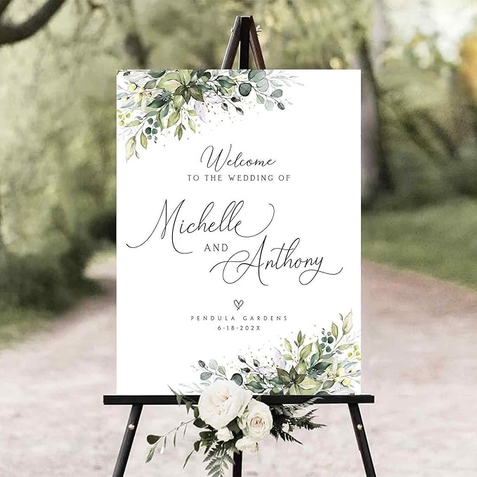Personalized Wedding Welcome Sign, Greenery Eucalyptus Wedding Sign Signage 12" X 18" (Small), 27" (Medium), 36" (Large), Plastic, Modern, Pole Mount, Weather