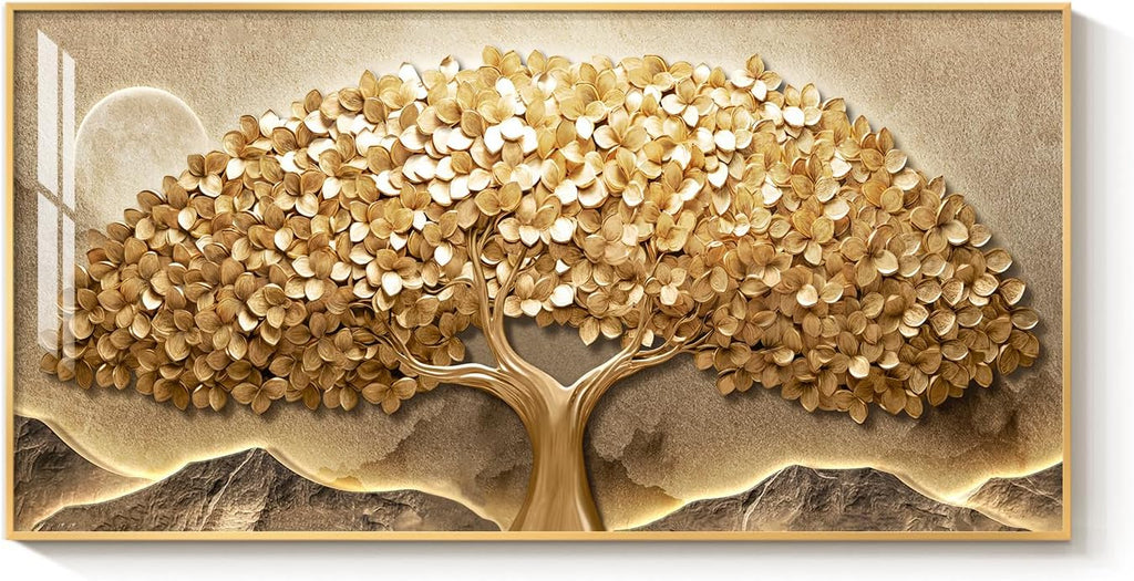large framed modern gold tree of life wall, front angle view