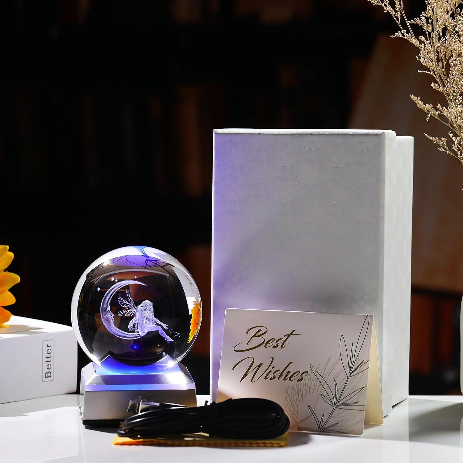Ornalrist 3D Crystal Ball Engraved Fairy & Moon Gifts, Gifts for Daughter | Moon Fairy Crystal Ball Gifts for Girls Her, Fairy Glass Sphere Decor Gift, Gifts Ideas on Birthday Christmas for Women