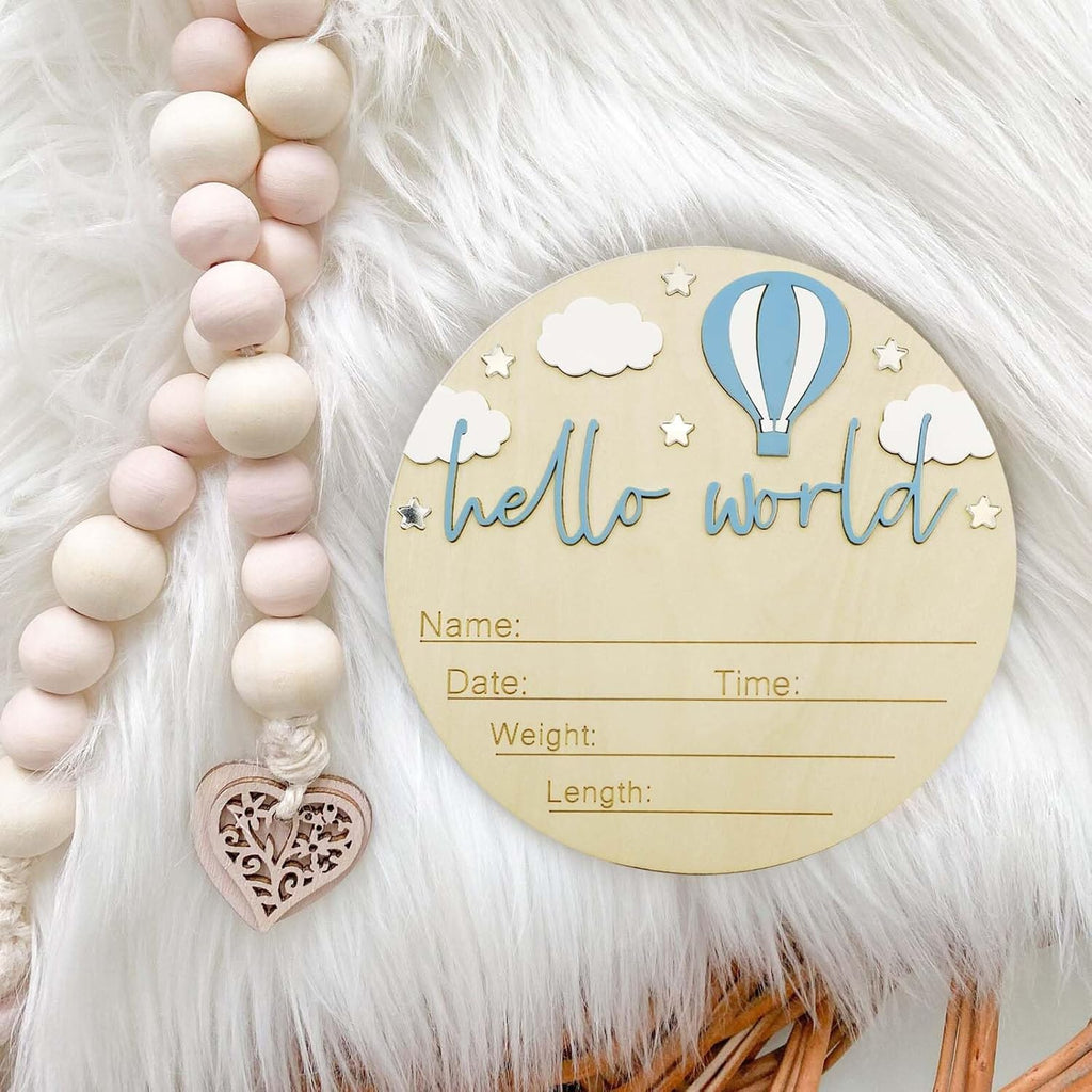 Baby Announcement Sign, 5.9 Inch Wooden Hello World Newborn Signs, Birth Announcement Sign and Pen, Hot Air Balloon and White Cloud Decoration, Welcome Newborn Arrival to World (Blue)
