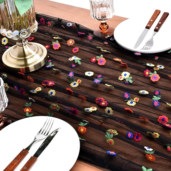 Joanlody Black Embroidery Daisy Fall Thanksgiving Table Runner 10ft Florals Seasonal Tulle Table Runner Holiday Kitchen Dining Table Decoration for Home Party Indoor