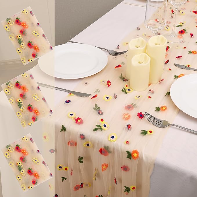 3PCS Champagne Floral Table Runner 10 FT, Embroidery Daisy Table Runners Seasonal Sheer Tulle Table Runner for Thanksgiving Wedding Birthday Baby Shower Party ﻿