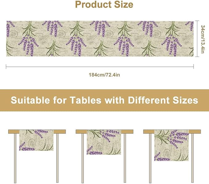 Floral Lavender Table Runner,Vintage Rustic Country Romantic Purple Flower Pattern Print Burlap for Hotel Indoors Outdoor Dining Room Kitchen Home Decor, 13x36in