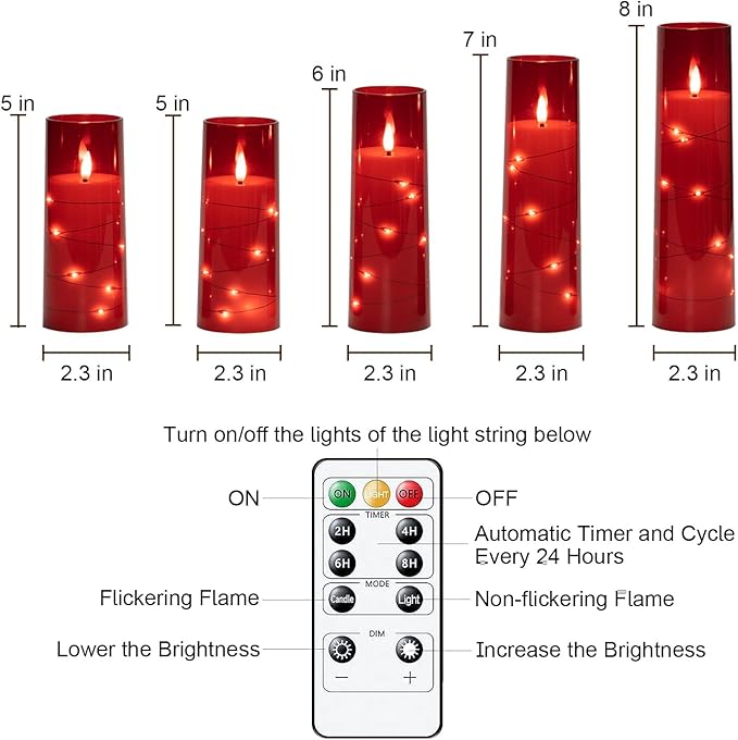 Raycare Flameless Candle with Remote Timer – 5 Flickering Acrylic Battery Operated LED Pillar Candles with Embedded Star String for Halloween, Home Decor, and as a Gift(Red)