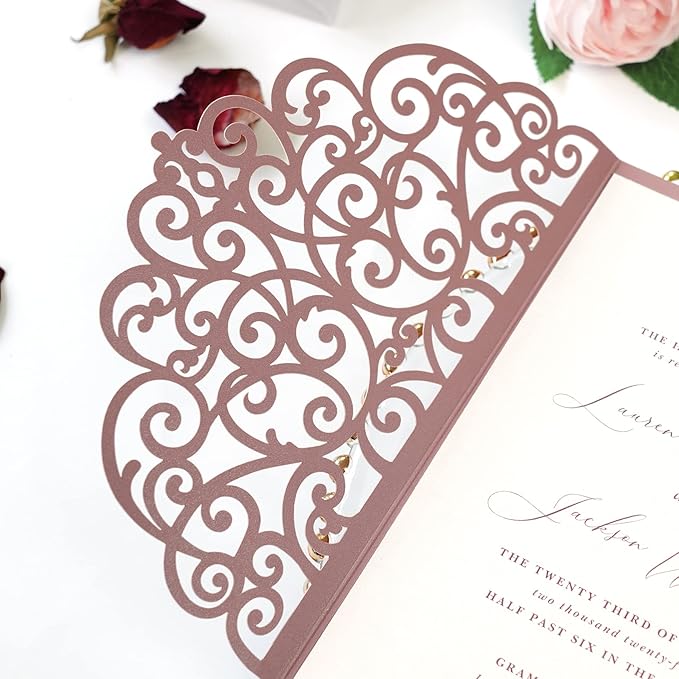 PONATIA 5.12 x 7.2 Dusty Rose Laser Cut Wedding Invitations, 5x7 Trifold Laser Cut Invitation Pockets with Envelopes for Wedding Bridal Shower Engagement Quinceanera Invitations (20PCS No Inner Sheet)