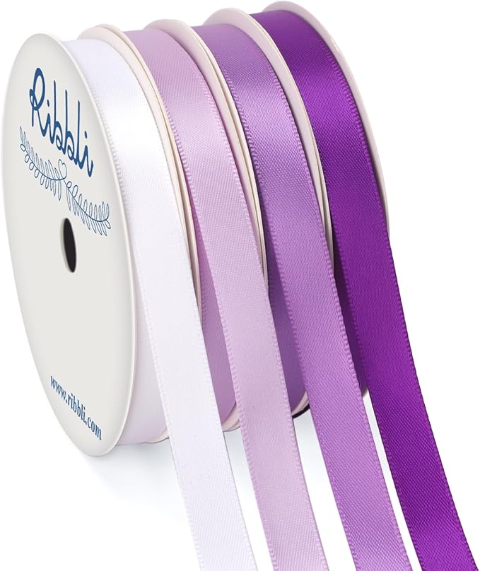 Ribbli Purple Satin Ribbon 3/8 Inch x 4 Rolls Total 40 Yards-White Lavender Purple Ribbon for Gift Wrapping Craft Wedding Decoration