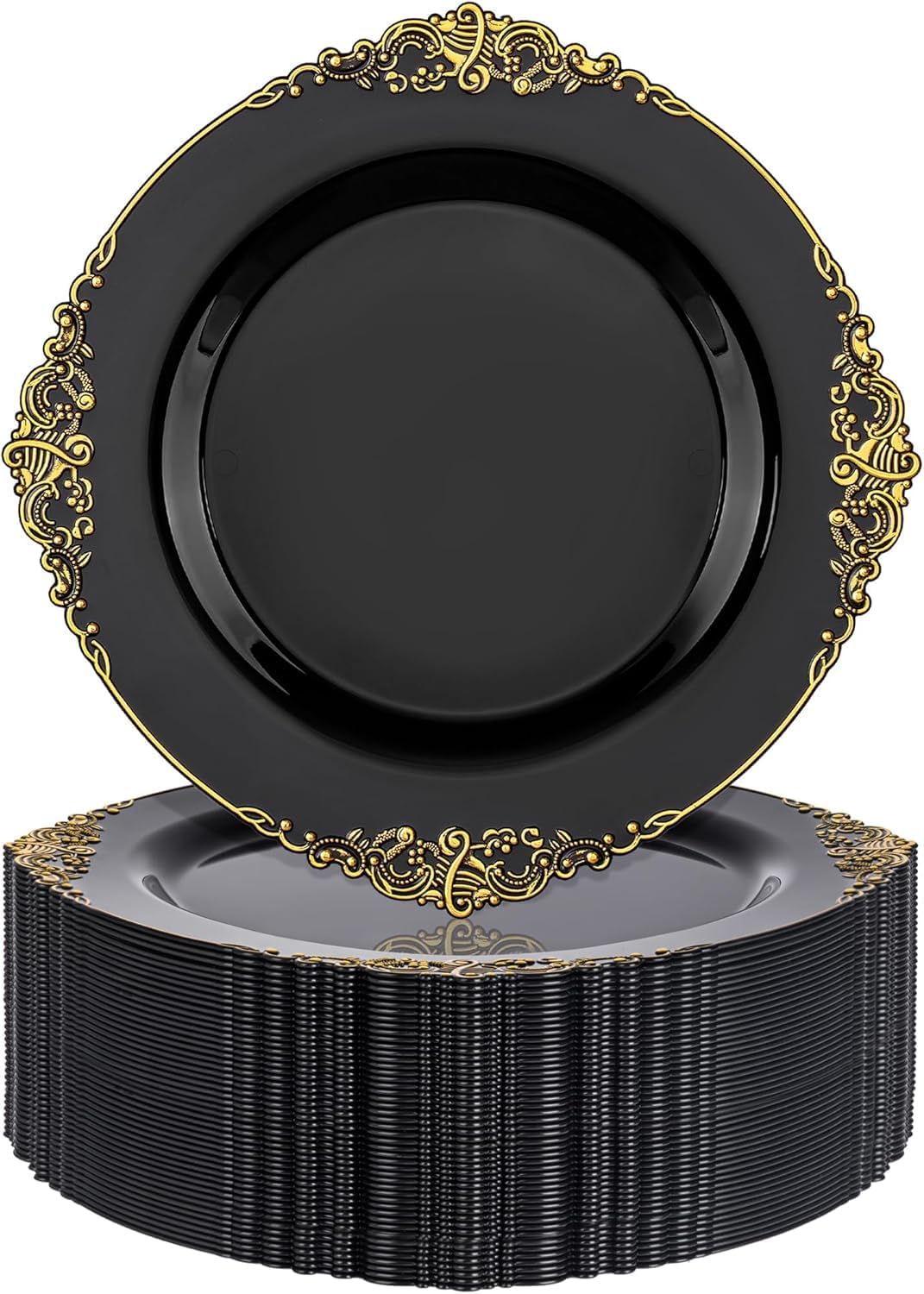 Nervure 100Pcs 10.25'' Black Plastic Plates, Party Plates for 100Guests