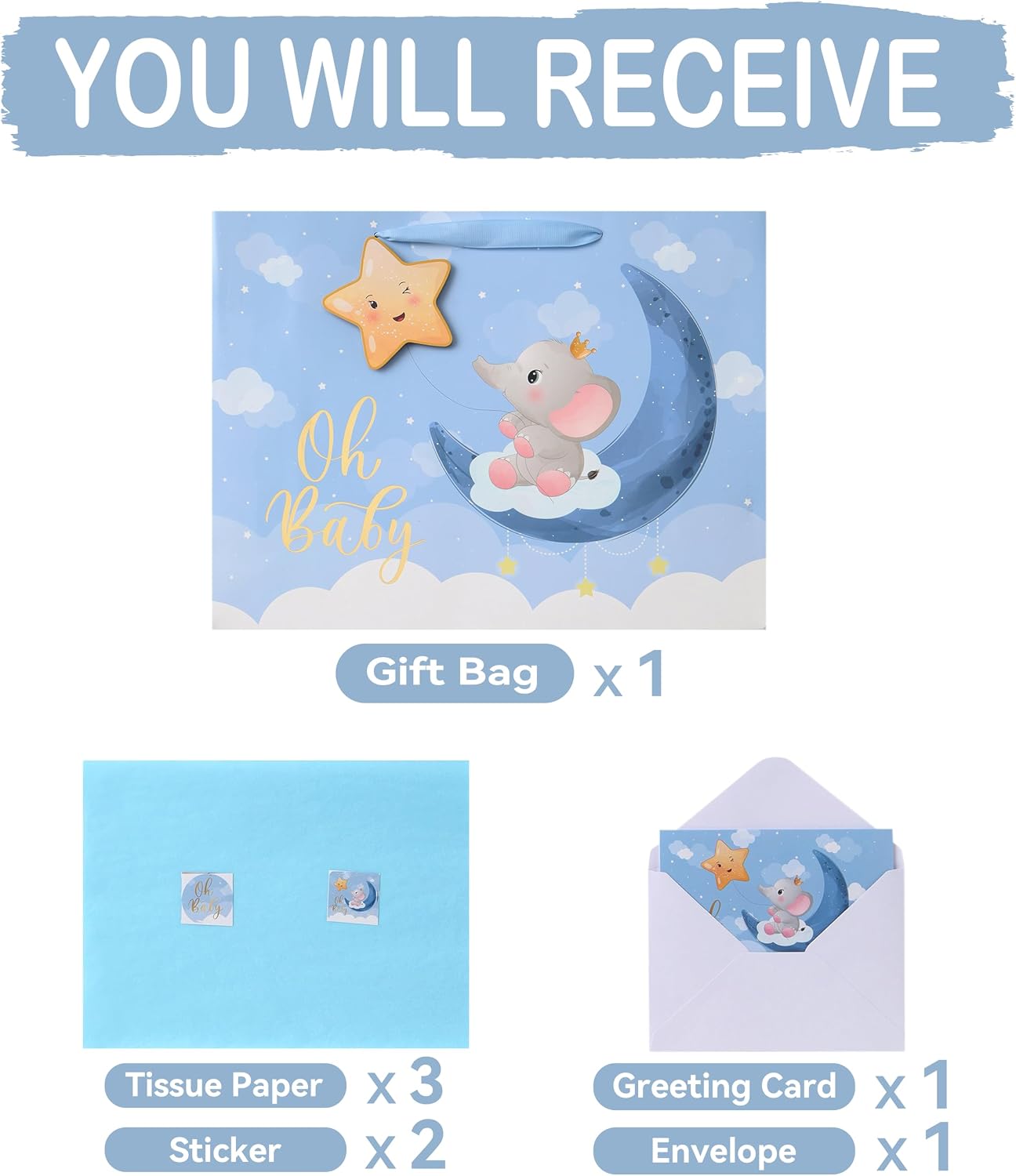 16.5'' Extra Large Baby Boy Gift Bag Set with Handles, Greeting Card, Blue Tissue Papers and Stickers for Boys Kids for Baby Shower, Boys' Birthday Party, Newborn, New Moms, Little One, 1st Baby, Elephant and 3D Star Design, 1 Pcs