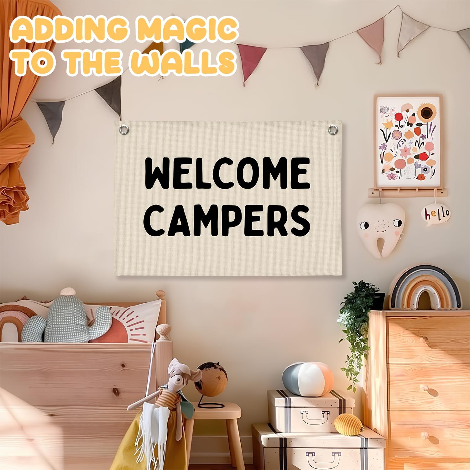 Camp Banner, Welcome Campers Camping Classroom Decor, Summer Camp Decor, Camping Flag Party Banner Decoration, Classroom Bedroom Nursery Playroom Toddler Decoration 30x20 Inch