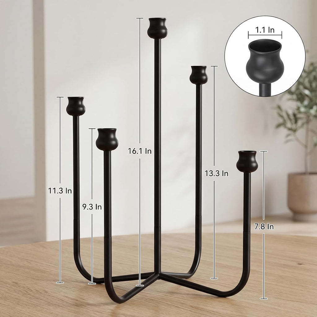 5-Candle Candelabra Candlestick Holder, 16 Inch Antique Candle Holder, Black Tabletop Candles Stand for Wedding, Event, Christmas & Dining, Table Centerpiece Décor