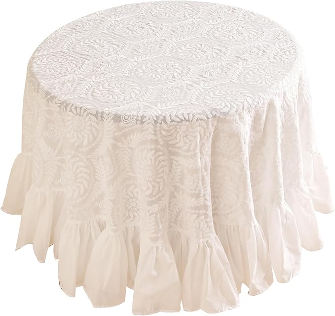 patdrea Vintage Ruffle Tablecloth for Round Tables,Farmhouse Embroidered Cotton White Lace Table Cloth Cover Decor for Dining Room Wedding Banquet Thanksgiving Christmas,Dimaeter 59"