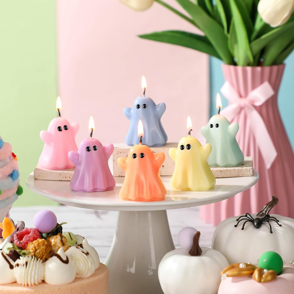 DoubleFill 12 Pcs Pastel Halloween Ghost Candles Cute Burning Unscented Wax Candles Ghost Spooky Decor for Halloween Holidays Party Bedroom Table Decorations