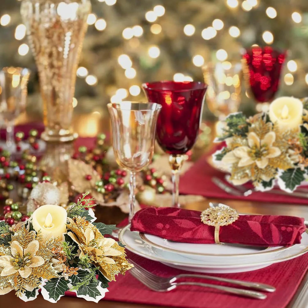 mdgfge Christmas Candle Rings Wreath Holder Artificial Gold Flower Pine Candle Rings with Holly Leaves for Xmas Party Holiday Table Pillars Decoration