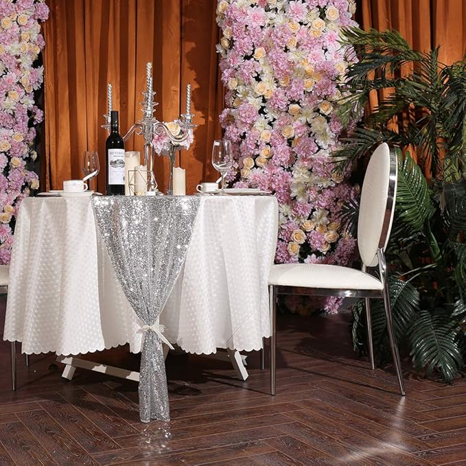 Eternal Beauty Silver Table Runner, 2PCS-12X72 Sequin Table Runner Decorations for Birthday Parties, Banquets, Graduations,Christmas