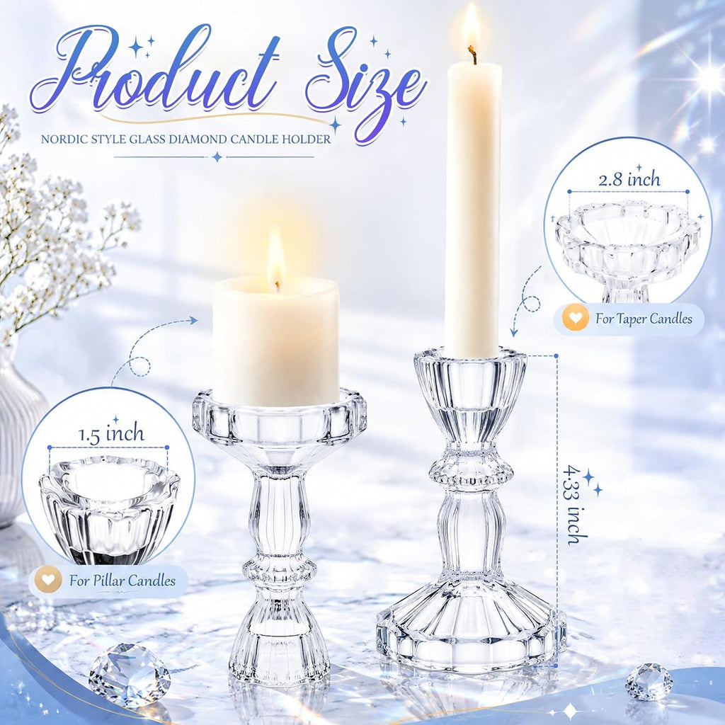 Sieral 24 Pcs Clear Taper Candle Holders 4'' Tall Candlestick Glass Holders Bulk Decorative Striped Design Stand Wedding Stick Holder for Anniversary Party Dining Table Festival Decor