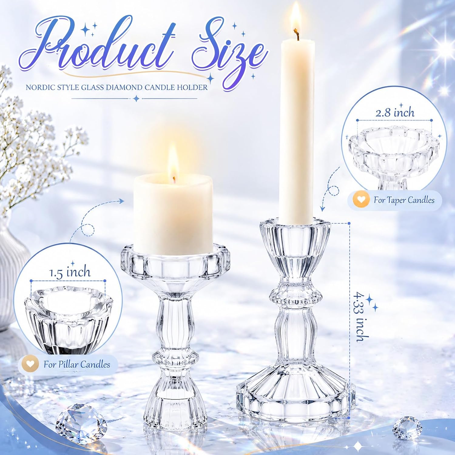Sieral 24 Pcs Clear Taper Candle Holders 4'' Tall Candlestick Glass Holders Bulk Decorative Striped Design Stand Wedding Stick Holder for Anniversary Party Dining Table Festival Decor