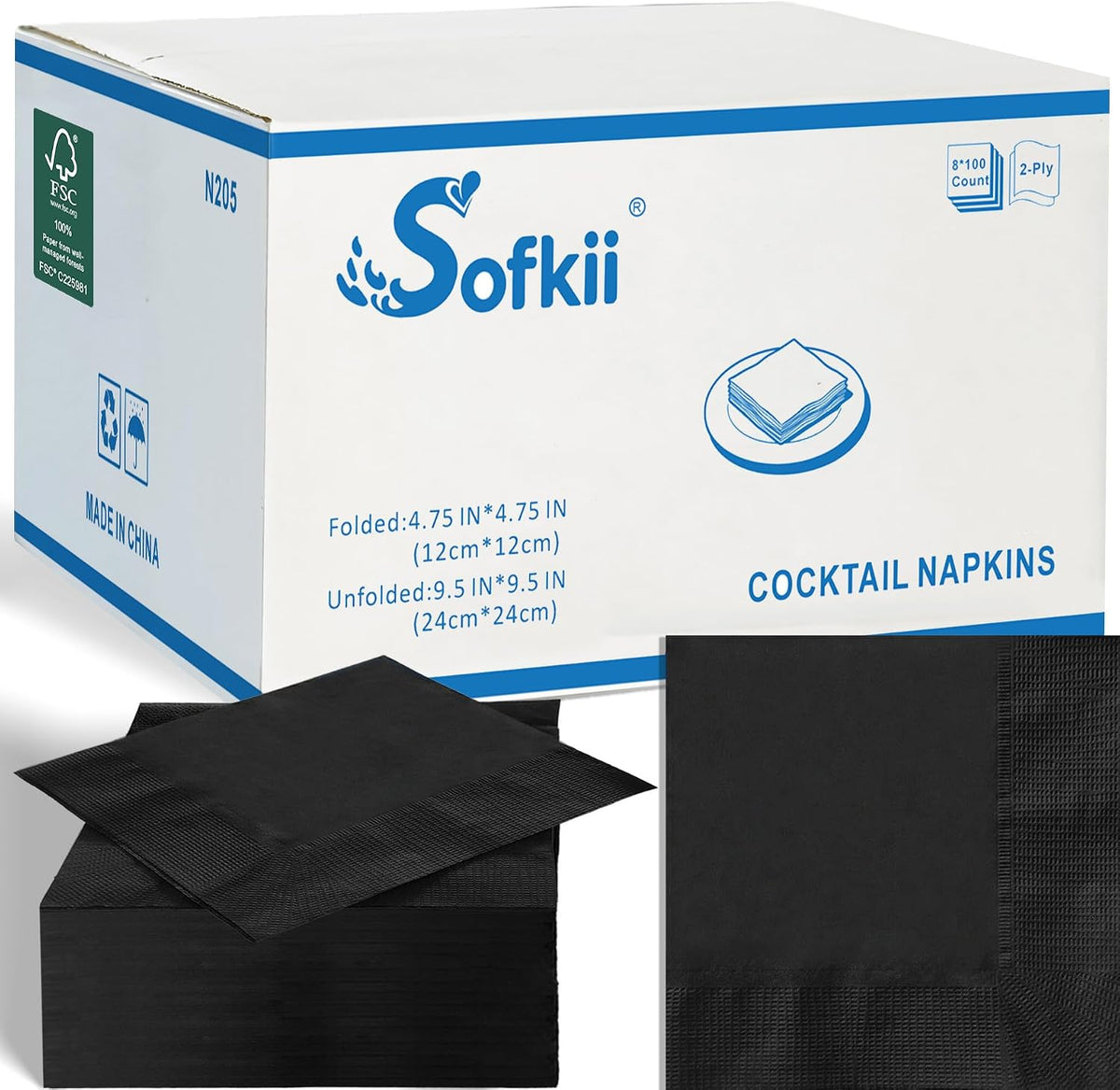 800 Count Black Cocktail Napkins, 4.75x4.75 Inch 2-Ply FSC-Certified Napkins,...