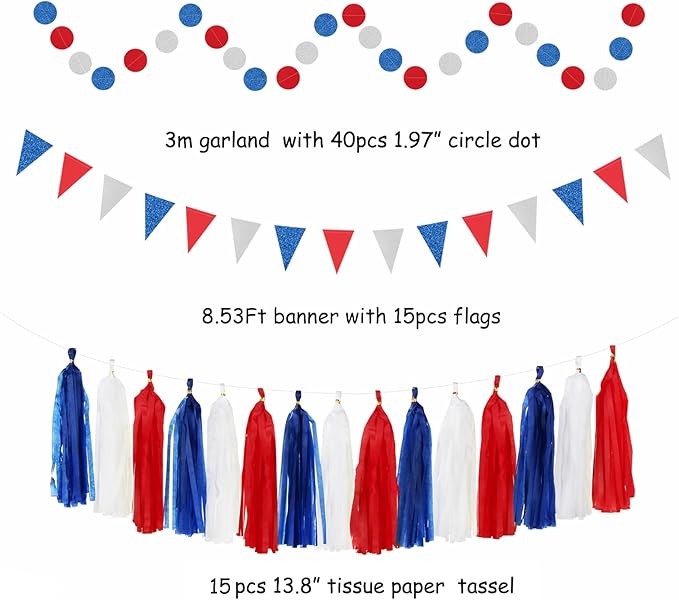 Fourth-4th of July Memorial-Day Party-Decorations - 31pcs Red-Blue White-Silver Patriotic Banner,Streamers Garland,Tissue Pom Poms Honeycomb,Paper Lantern Fan,Independence Graduation Decor Hugtmr
