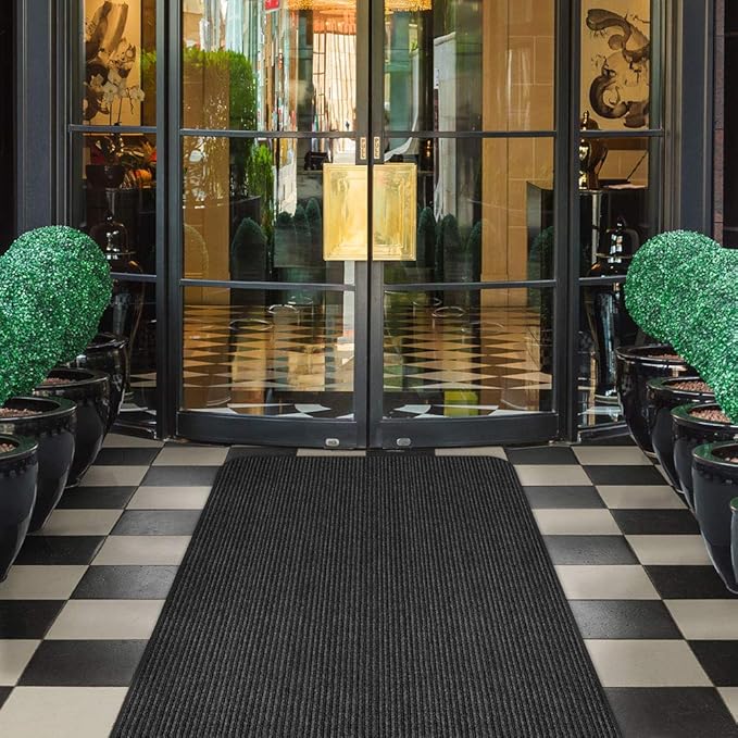 House, Home and More Indoor Outdoor Double-Ribbed Carpet Runner with Skid-Resistant Rubber Backing - Smokey Black - 4 Feet x 50 Feet