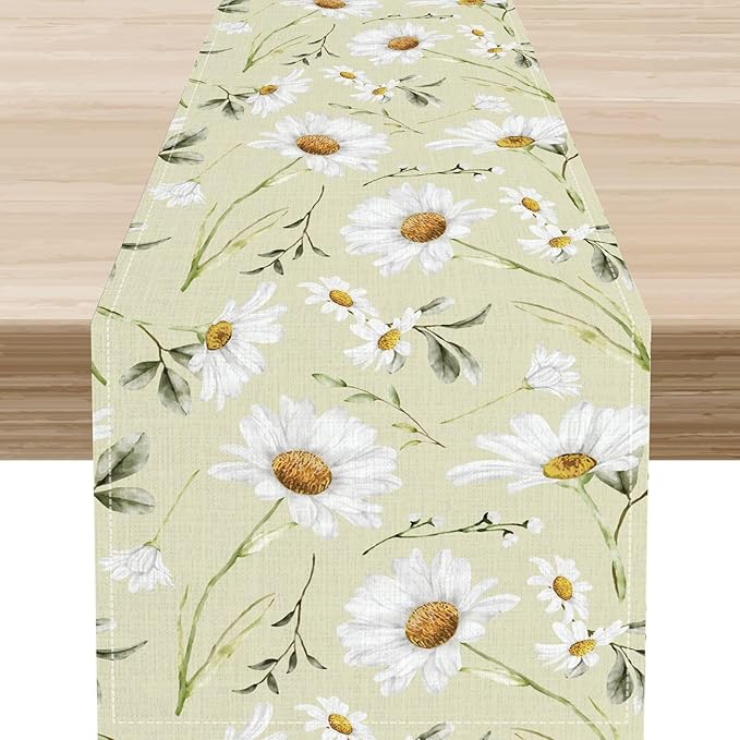 Daisy Floral Table Runner, Spring Seasonal Summer Wild Flower Rustic Country Farmhouse Table Center Decor for Home Kitchen Dining Patio Holiday Party Indoor Outdoor Table Decorations, 13"x90" Inch