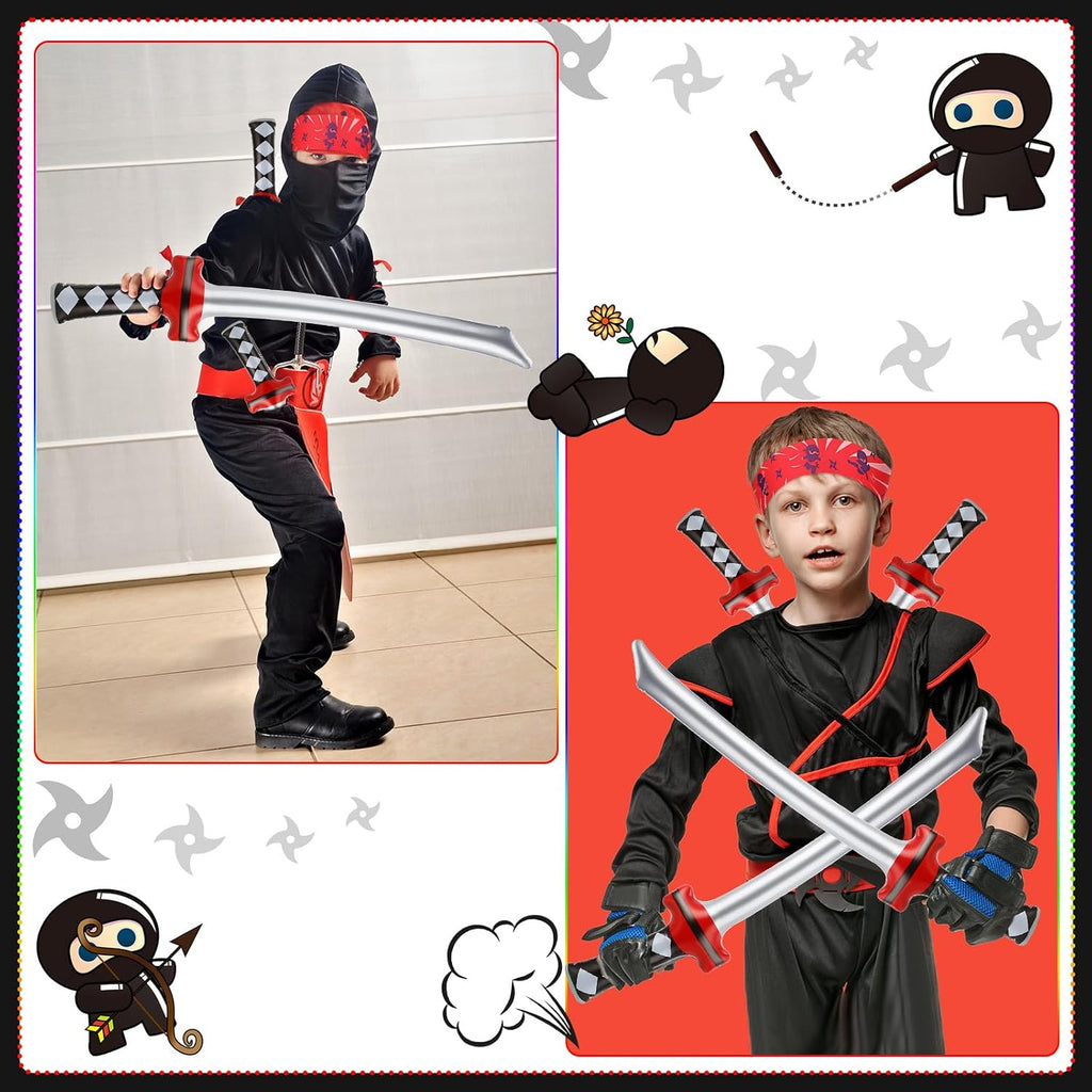 Tondiamo 168 Pcs Ninja and Pirate Party Favors with Drawstring Backpack Headband Inflatable Sword Bracelet Sticker Keychain Stretch Ninja or Pirate Eye Mask For Karate Birthday (Ninja Style)