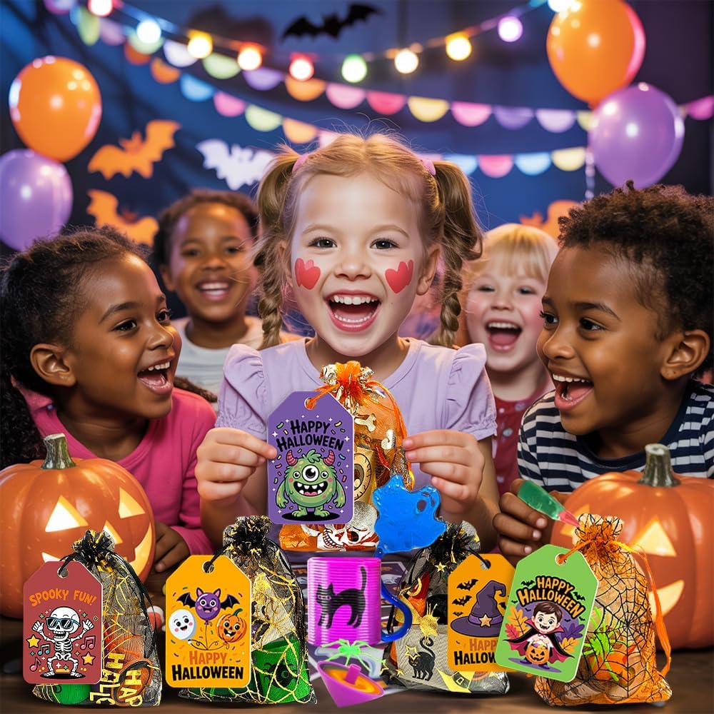 VKTEN 24 Pack Halloween Party Favors for Kids–Prefilled Mesh Treat Bags with Toys, Gift Tags & Twine–Trick or Treat Goodie Bag Fillers, Classroom Prizes & Exchange Gifts