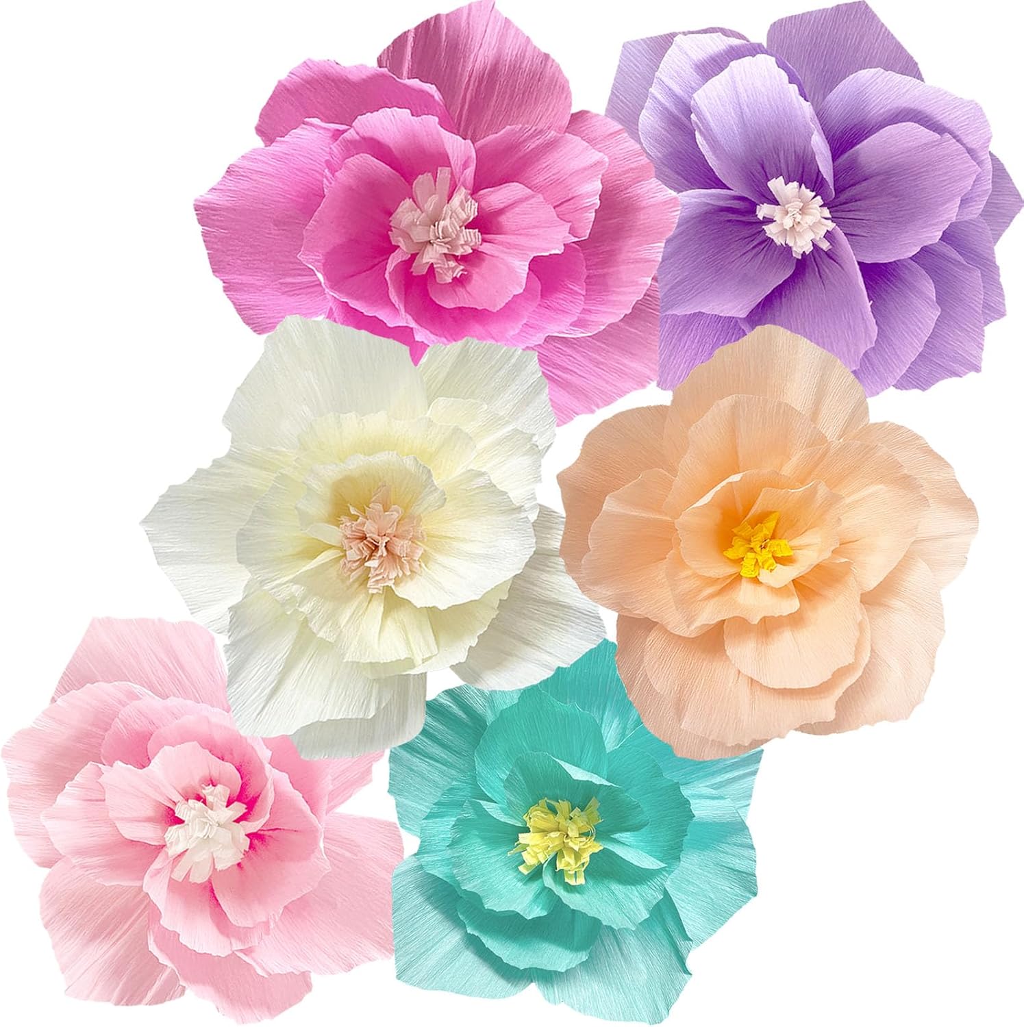ANSOMO Paper Flowers Pink Purple Ivory Light Blue Pastel Party Decorations | Crepe Tissue Material, Wall Decor, Wedding Birthday Party Decorations, Bridal Baby Shower, Classroom Nursery Room
