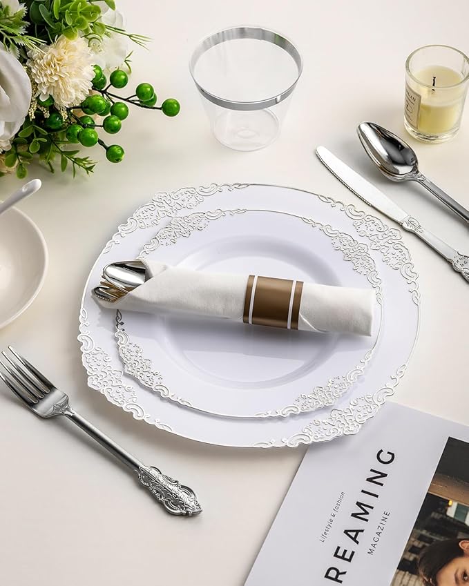 Goodluck 350 Piece Silver Plastic Dinnerware Set for 50 Guests, Fancy Disposable Plates, Include: 100 Silver Rim Plastic Plates, 150 Silverwares, 50 Pre Rolled Napkins, 50 Cups for Party, Wedding