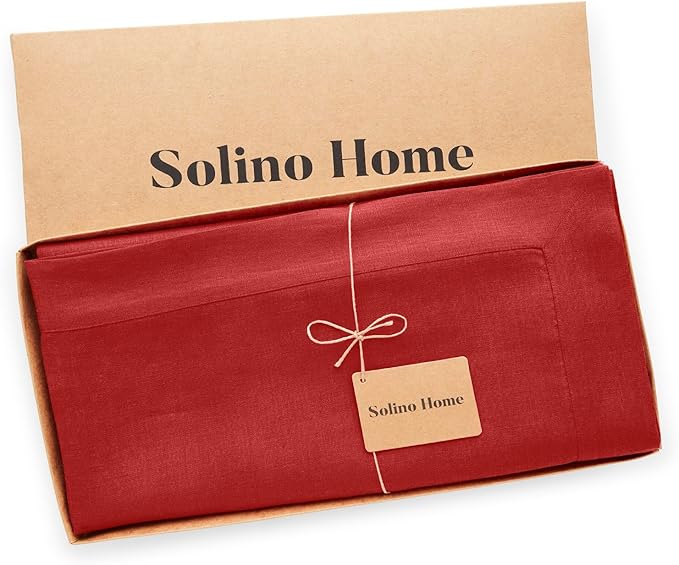 Solino Home Linen Red Tablecloth 60 x 84 Inch - 100% Pure Linen Rectangular Tablecloth - Machine Washable Table Cloth for Christmas, Holiday - Fete