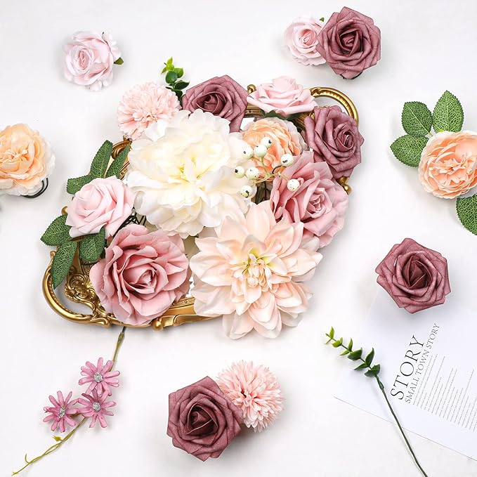 AmyHomie Blush Champagne Artificial Flowers Combo Silk Mix Peony Rose Fake Flowers w/Stem for DIY Wedding Bouquets Centerpieces Arrangements Table Fall Decor Party Bridal Baby Shower Home Decorations