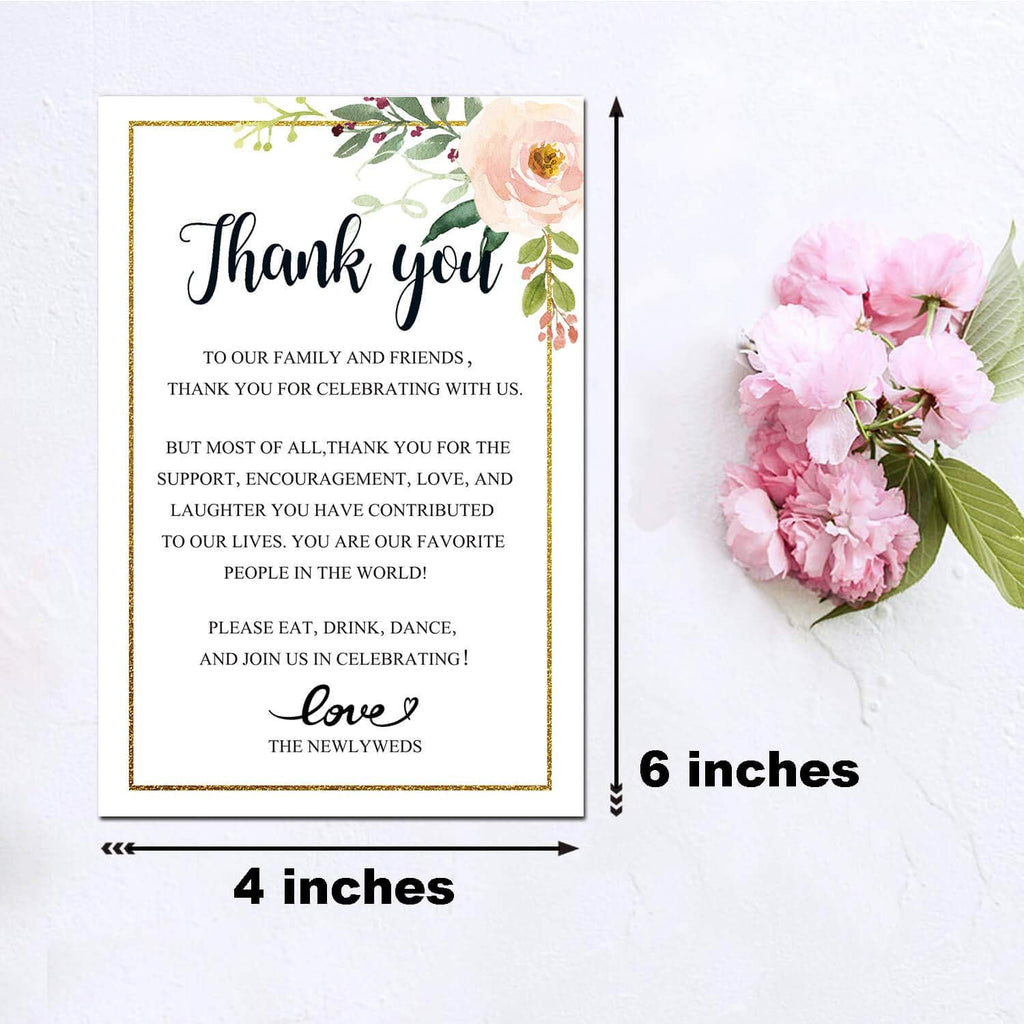 Floral Wedding Thank You Place Setting Cards, Wedding Favors for Guests, Print to Add to Your Table Centerpieces and Decorations, 4 x 6 Inch, Pack of 50