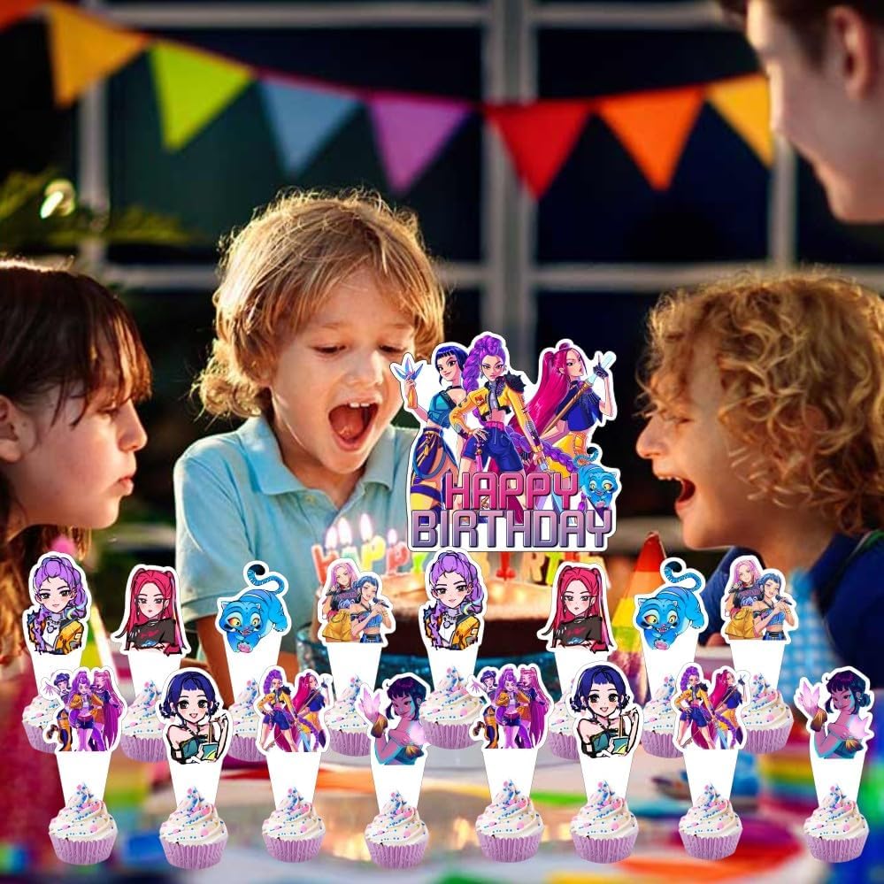 25pcs Demon Hunters Cake Decorations with 24pcs Cupcake Toppers, 1pcs Cake Topper for Demon Hunters Birthday Party Supplies Kids Birthday Decorations