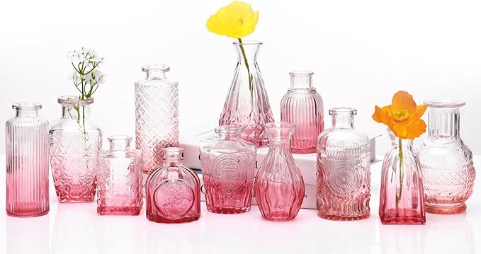 Bud Vases Set of 12,Glass Bud Vases in Bulk,Small Flower Vases for Centerpieces,Mini Vintage Vase for Wedding, Home Table Decor,Christmas,Party Decoration,Pink