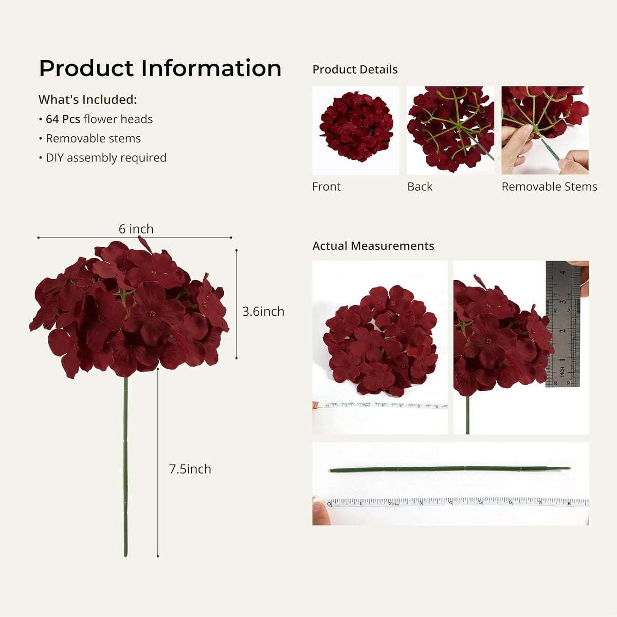 auihiay 64pcs burgundy hydrangea artificial flowers bulk, silk, close-up detail