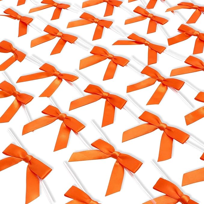Bright Creations 100 Pack Orange Twist Tie Bows for Treat Bags - 3" Small Satin Ribbons Orange Twist Ties for Craft Decoration, Gift Wrap, Themed Party Favors, Baked Goods