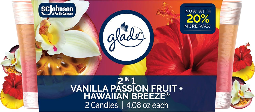 Glade 1-Wick 2in1 Scented Candle Jar, Hawaiian Breeze & Vanilla Passion Fruit, Air Freshener Infused with Essential Oils, 4.08 Oz, 2 Count