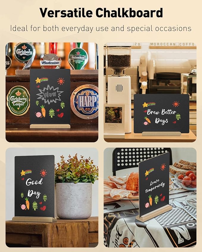 Uniclife A4 Tabletop Chalkboard Sign with Stand & Chalk Markers, 8.3 x 11.7 Inch, Double-Sided Wooden Chalk Board Sign for Tables, Large Reusable Message Board, Menu Board for Bar Restaurant Wedding