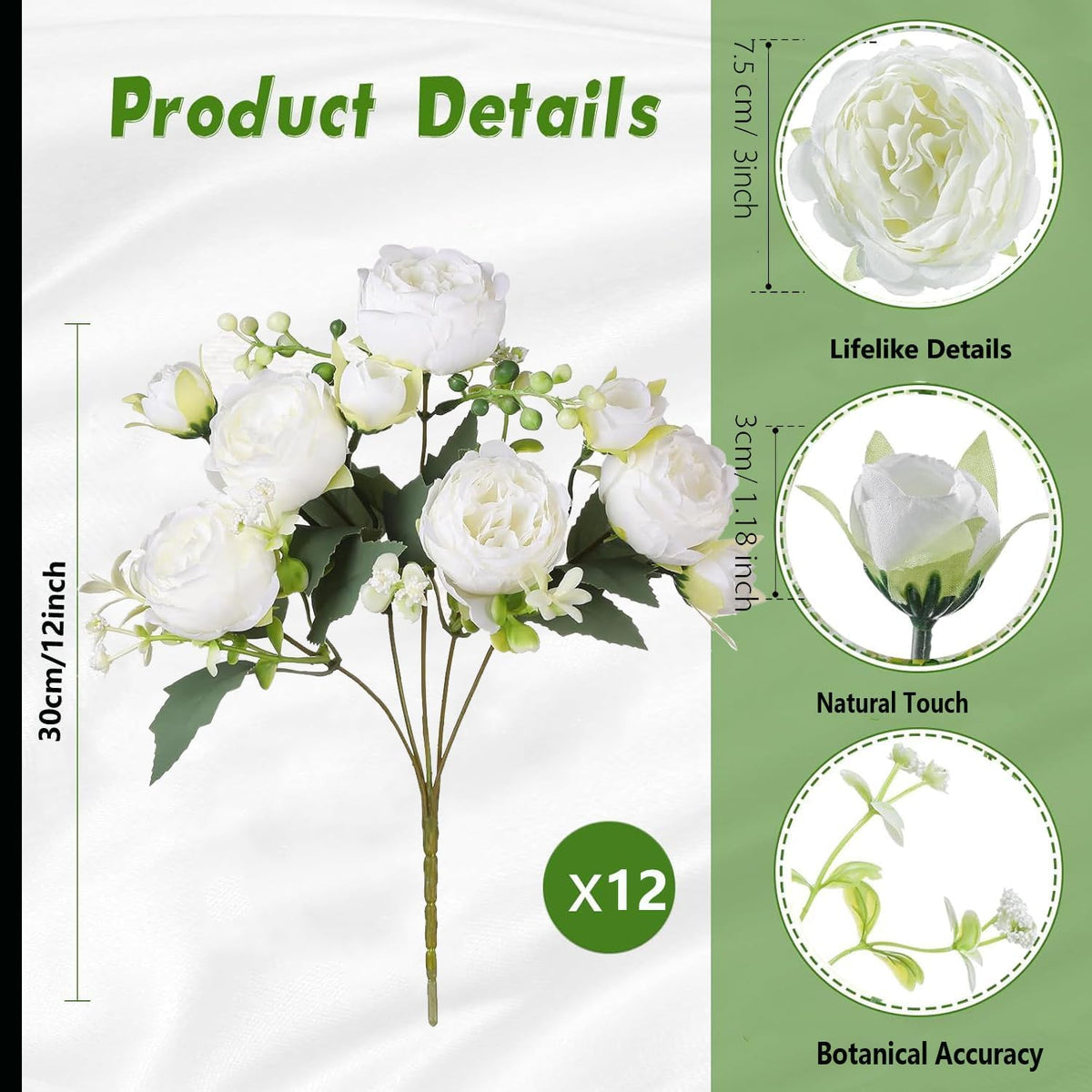 peonies artificial flowers 12 bouquets,white flowers lifelike silk, close-up detail