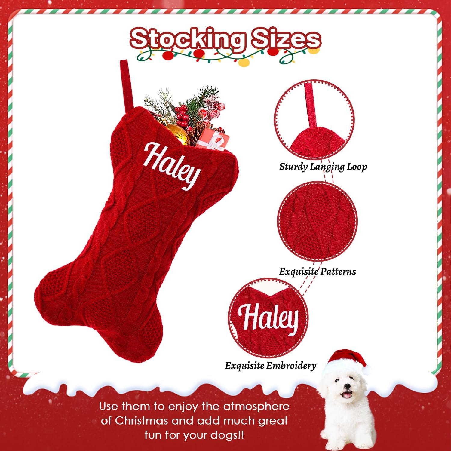 1Pc Personalized Dog Christmas Stockings, Custom Embroidered Name Pet Dog Stockings Christmas, Family Knitted Bone Xmas Stocking with Name for Dogs
