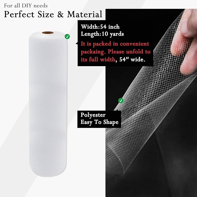White Tulle Fabric Rolls 54 Inch by 10 Yards Fabric Tulle Bolt for Wedding Christmas Decorations Gift Wrapping Garden Netting DIY Tutu Baby Shower Table Skirt Birthday Party Craft Supplies
