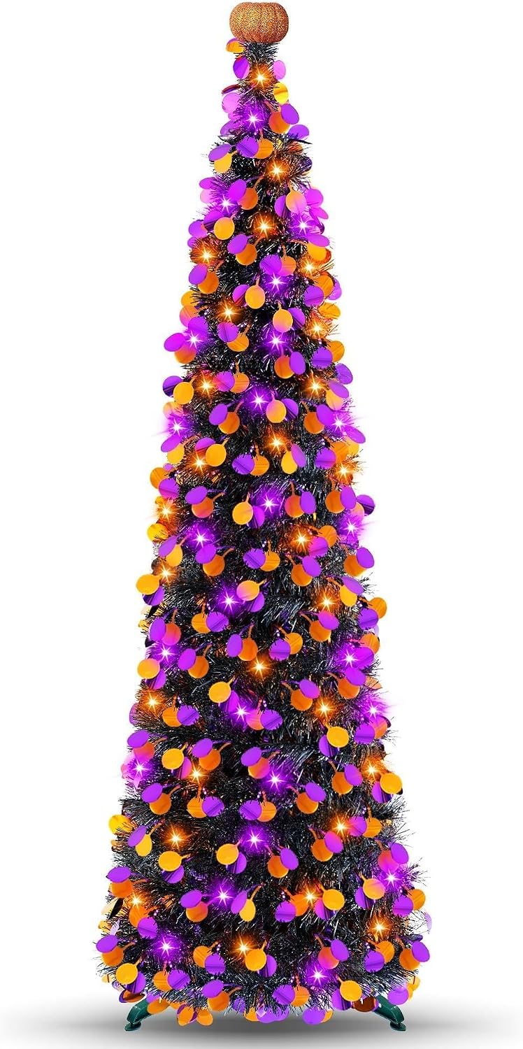 5FT Halloween Tree Decorations Indoor, Pop-up Orange Purple Halloween Tinsel ...