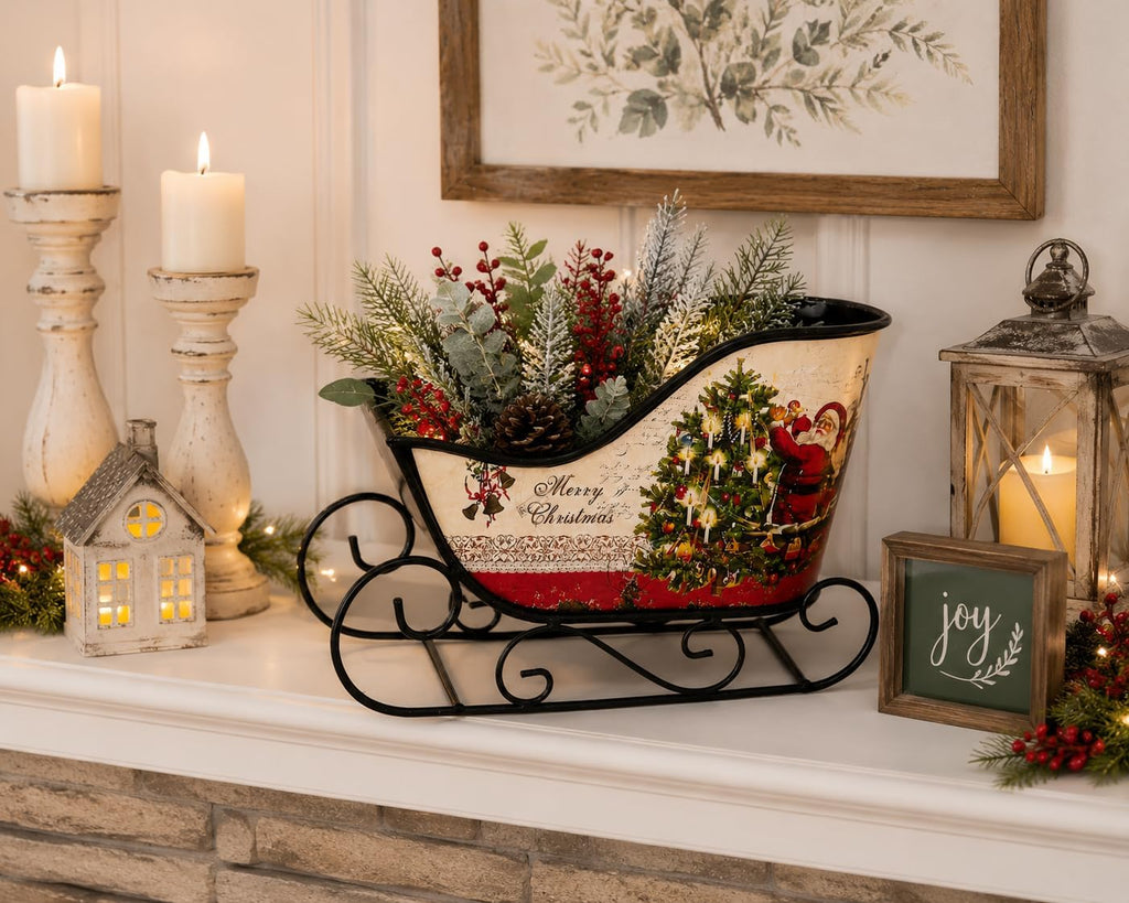 Christmas Sleigh Metal Ornament Small Candy Storage Gift Tabletop Centerpiece Mantel Fireplace (Multicolor Merry Christmas)
